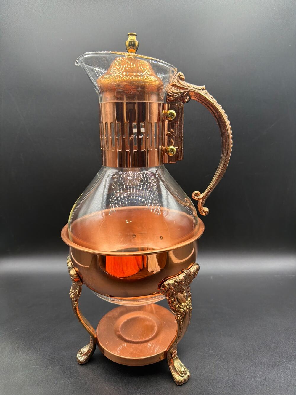 Vintage Corning Heat Proof Glass 8 Cup Coffee Tea Carafe Copper Warmer 1960s
